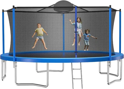 Miniatura 10 de Lyromix Trampolín mejorado con luces, trampolín grande para exteriores con aspersor, aro de baloncesto y red, capacidad para 5-8 niños y adultos