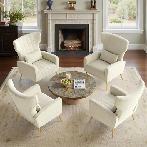 Miniatura 27 de Nalupatio Sillas decorativas de terciopelo, moderno sillón con respaldo alto con almohada lumbar, sillón tapizado de respaldo alto con patas de Beige