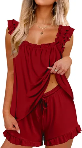 Miniatura 17 de Ekouaer Conjunto de pijama para mujer, conjunto de 2 piezas con volantes, camiseta sin mangas suave y pantalones cortos, conjunto de pijama de novia