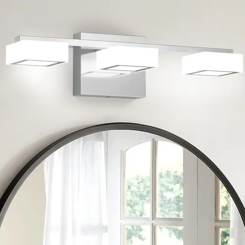 Miniatura 9 de Moderna lámpara LED de baño sobre el espejo, 3 luces regulables de tocador, lámpara de tocador de baño de acrílico cromado, ajustable de 2700 K-6500