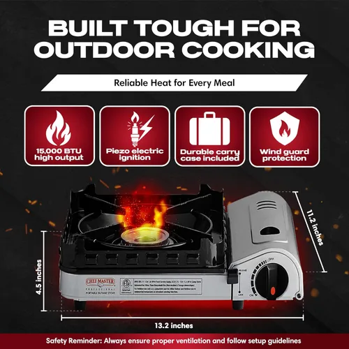 Miniatura 2 de Chef Master Estufa de campamento portátil de butano de 15,000 BTU Quemador portátil de doble protector contra el viento con encendido de clic Solo