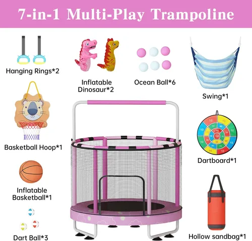 Miniatura 4 de LAMERGE Trampolín redondo 7 en 1 de 55 pulgadas para niños y niñas de 1 a 8 años, trampolín para interiores y exteriores para diversión, barandilla