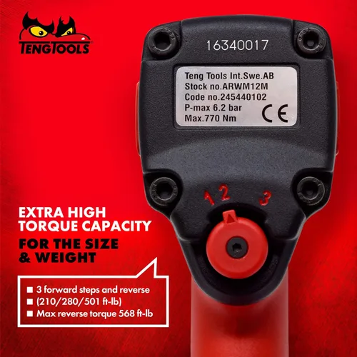 Miniatura 3 de Teng Tools ARWM12M - Pistola de llave de impacto neumática compacta reversible de 1/2 pulgada de alto par