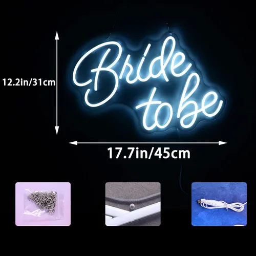 Miniatura 2 de Letrero LED de neón con texto en inglés "Bride to Be", letras blancas "17.7x12.2", reutilizable, decoración de pared de neón, regalos de compromiso