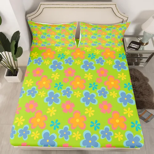 Miniatura 12 de Juego de ropa de cama de flores Groovy de los años 70, sábana bajera ajustable de flores de arco iris para niños y niñas, sábanas de ropa de cama
