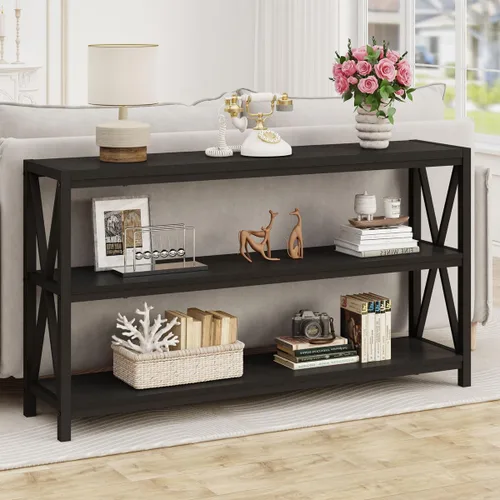Miniatura 7 de FATORRI Mesa consola para entrada, mesa de sofá larga con estantes debajo de la ventana, mesas de pasillo de madera y metal para vestíbulo