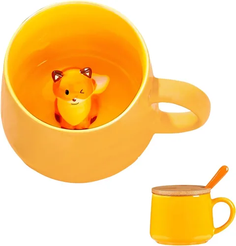 Miniatura 14 de BigNoseDeer Taza Bonita de Dinosaurio Taza de Café de Cerámica con Dinosaurio de Dibujos Animados 3D en el Interior, Tazas Divertidas con Tapa