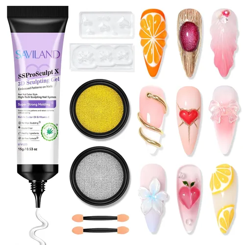 SAVILAND SSPro X Kit de Gel para Uñas 3D: 15g Gel de Escultura 3D Transparente Sin Limpieza para Diseño de Arte en Uñas, Moldeado, Tallado, Dibujo,
