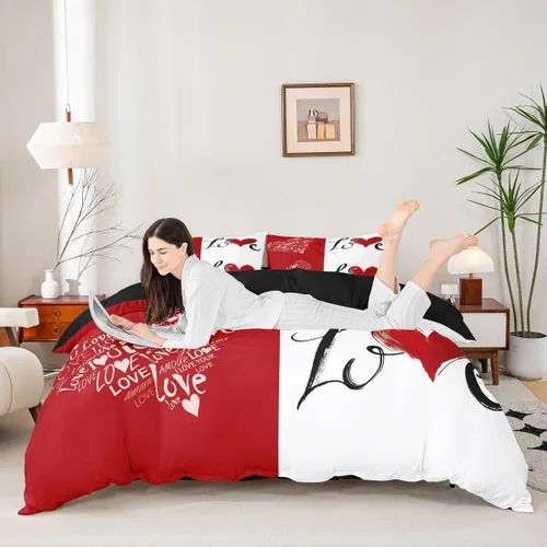 Miniatura 3 de Juego de funda de edredón para parejas, juego de ropa de cama de corazón de amor rojo, juego de funda de edredón romántica para boda, regalo