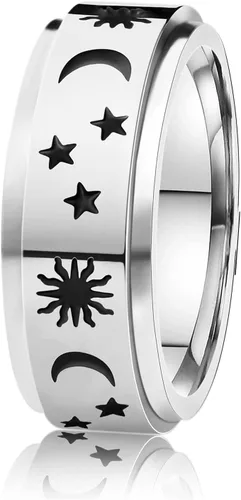 Miniatura 34 de LAOYOU Anillo giratorio para hombre para alivio de la ansiedad 0.315 in de acero inoxidable negro anillo de ansiedad con incrustaciones de cadena