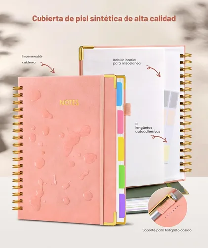 Miniatura 2 de Diario en espiral con tapas duras y pestañas de divisores removibles, 300 páginas de cuero, cuaderno de 5 divisiones con reglas para la universidad