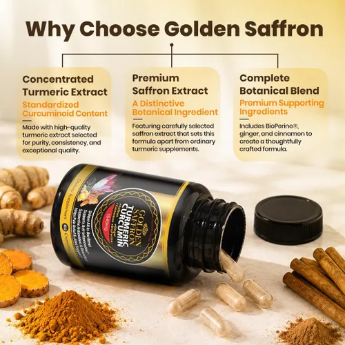 Miniatura 2 de GOLDEN SAFFRON Suplemento de curcumina de cúrcuma con bioperina, azafrán, canela y jengibre, suplemento de alta potencia, sin OMG, sin gluten