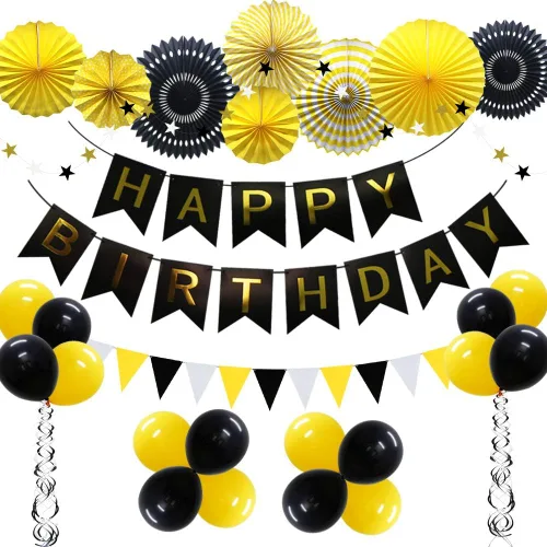 Decoración de fiesta de color amarillo y negro – Cartel de feliz cumpleaños con globos, banderines triangulares, espirales colgantes, abanicos de