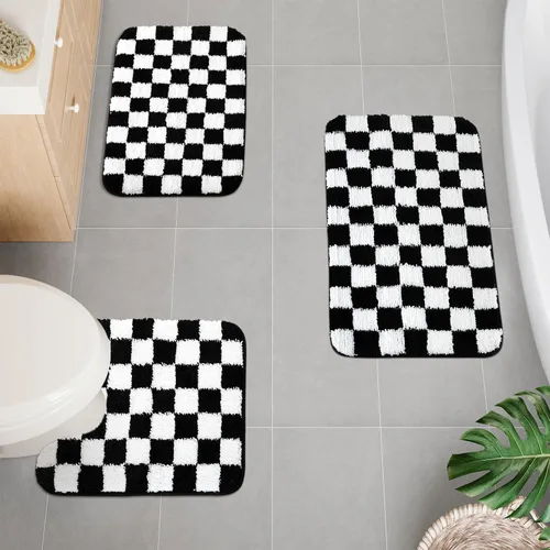 Miniatura 8 de Uphome Juego de alfombras de baño de 3 piezas, juego de alfombras de baño a cuadros en blanco y negro, antideslizantes, lavables a máquina, tapete