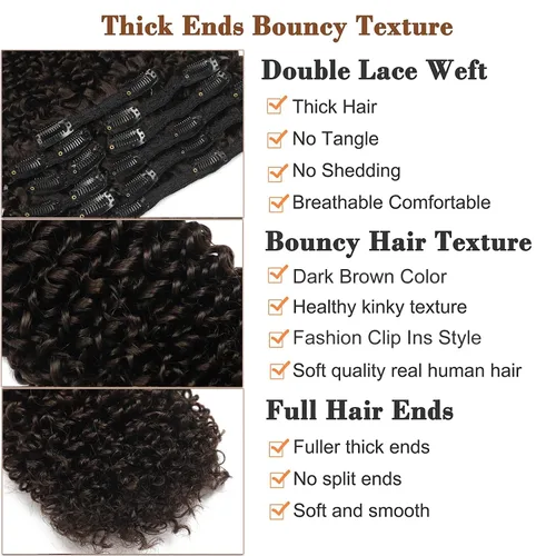 Miniatura 3 de Extensiones de cabello rizado kinky con clip para mujeres negras 14 pulgadas 2# marrón oscuro extensiones de cabello rizado con clip cabello humano