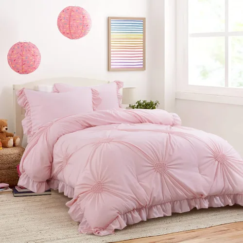 Miniatura 8 de HOMBYS - Juego de 5 piezas de ropa de cama rosa para niñas con sábanas y fundas a juego, juego de edredón individual de color rosa suave