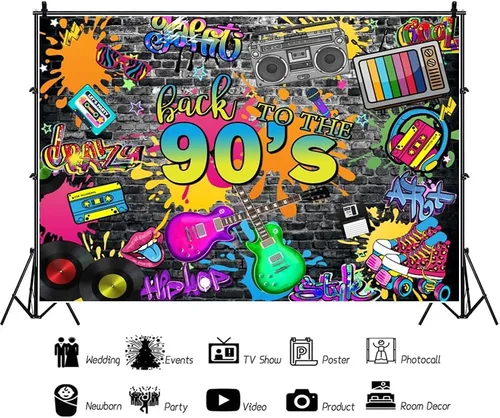 Miniatura 6 de Telón de fondo de los años 90 de 7 x 5 pies para decoraciones de fiesta, pared de ladrillo de graffiti de hip hop, fondo de fotografía de regreso a