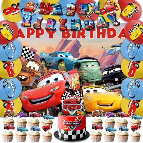 El paquete de 42 piezas de decoración de fiesta McQueen incluye: pancarta, decoración de pastel, gota negra, globos para suministros de fiesta de