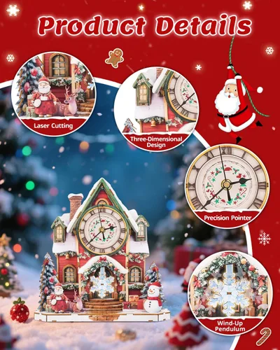 Miniatura 4 de Rompecabezas 3D para adultos, kit de reloj de madera de casa de Navidad con péndulo, manualidades de madera para decoración del hogar, rompecabezas