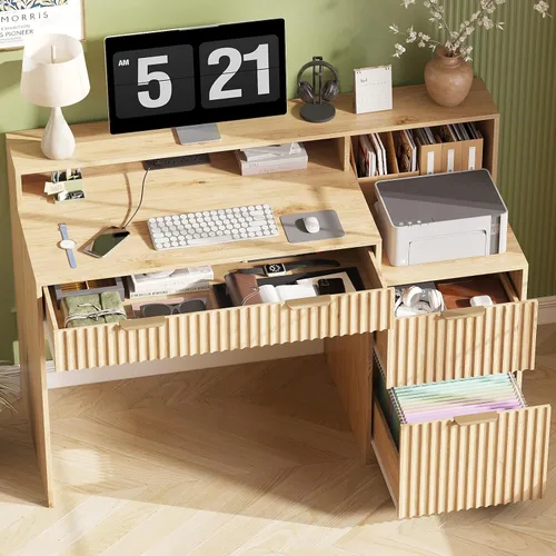 Miniatura 4 de Vabches Fluted Computer Desk with Power Outlets, Home Office Desk with Drawers, Printer Stand, Wood Computer Desk with Long Monitor Stand, Oak