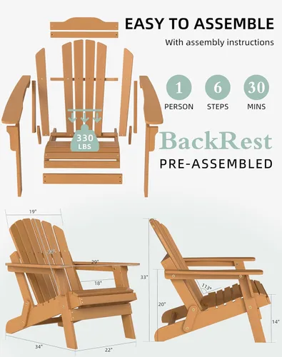 Miniatura 3 de Silla Adirondack plegable de madera de gran tamaño con respaldo y tabla de asiento premontados, silla de descanso para patio al aire libre, jardín