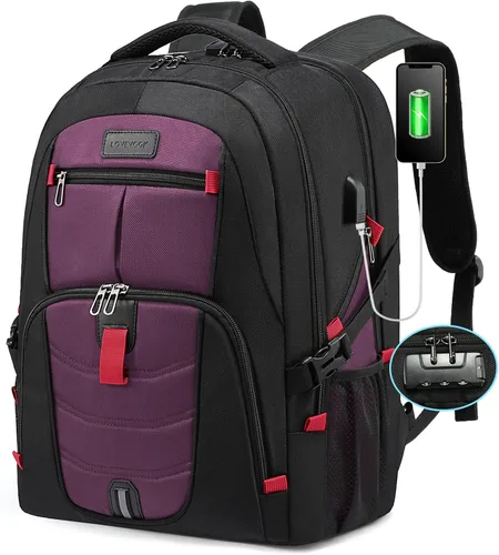Miniatura 15 de LOVEVOOK Mochila grande de viaje y para laptop, impermeable, antirrobo, con cerradura y puerto de carga USB, para negocios, hombres, mujeres, Negro