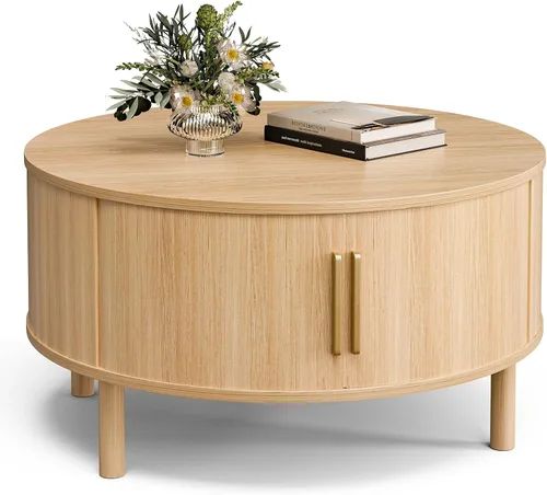 Miniatura 7 de ZttRiee Mesa auxiliar para sala de estar, moderna mesa de centro redonda con armarios y puertas correderas, espacio pequeño para el hogar, mesa