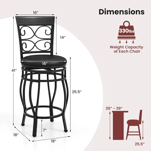 Miniatura 3 de GOFLAME Juego de 4 taburetes de bar giratorios de 26 pulgadas de altura de mostrador con asiento tapizado de piel sintética, respaldo ergonómico