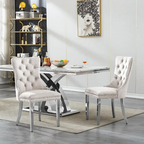 Miniatura 7 de Moderno juego de mesa de comedor de mármol sintético de 68.11 pulgadas para 6, mesa de comedor de mármol blanco y plateado con 6 sillas de Blanco