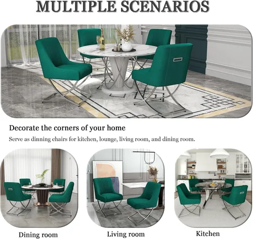 Miniatura 4 de Juego de 2 sillas de cocina y comedor, de terciopelo tapizado moderno, sillas de metal copetudas contemporáneas con patas plateadas en forma de X