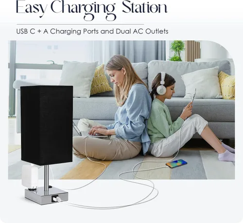 Miniatura 6 de Juego de 2 lámparas de mesita de noche de 3 vías regulables con puerto de carga USB C y USB A, 2 salidas de CA, bombillas LED de 3000 K (negro)