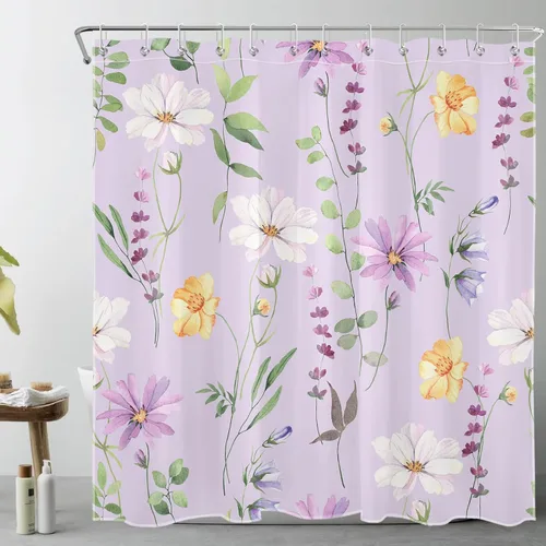 Miniatura 30 de Cortina de ducha de flores silvestres amarillas, moradas, florales y verde salvia con hojas de eucalipto sobre blanco, juego de cortina de ducha