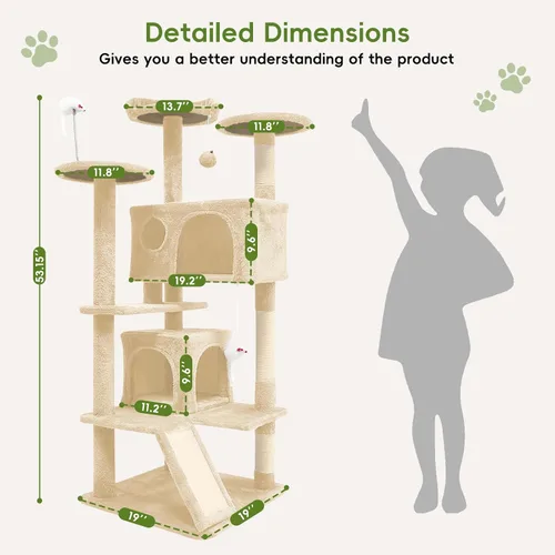Miniatura 2 de Aotaide - Árbol para gatos de 54 pulgadas, torre para gatos de varios niveles, 2 cuevas acogedoras, postes rascadores, escalera de escalada, bolas
