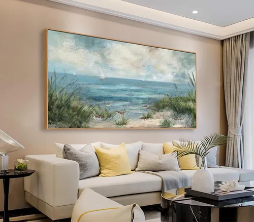 Lienzo decorativo de paisaje marino vintage para decoración de pared, diseño de velero, gaviota, playa, pájaro, caña, lienzo, pintura, obra de arte,