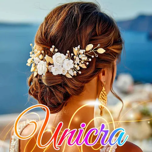 Miniatura 4 de Unicra Flor novia pelo vid perla pieza de pelo nupcial hoja accesorios para el pelo diadema de diamantes de imitación para mujeres y niñas (dorado)
