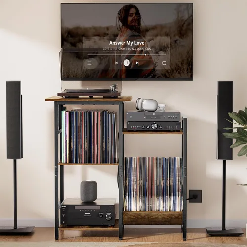 Miniatura 7 de HYPIGO Soporte para tocadiscos con tomas de corriente, soporte para tocadiscos con almacenamiento de discos de vinilo con capacidad para más de 300