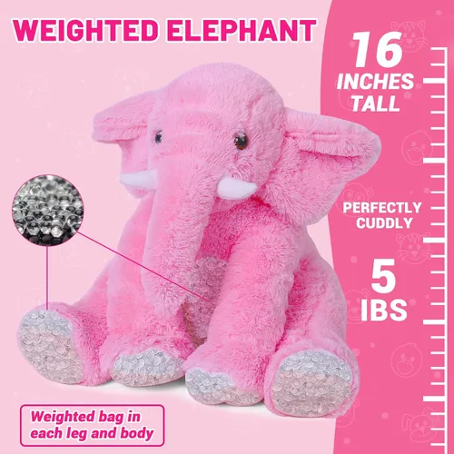 Miniatura 2 de JellyMallow Animales de peluche con peso de elefante, 5 libras y 16 pulgadas, color rosa, almohada de peluche grande de elefante con peso, regalo
