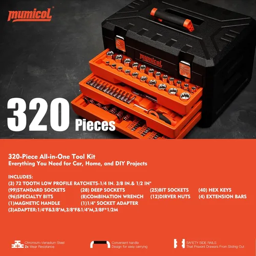 Miniatura 2 de Juego de herramientas mecánicas, juego de zócalos, 320 piezas de herramientas mecánicas profesionales y juego de llaves métricas y estándar, unidad