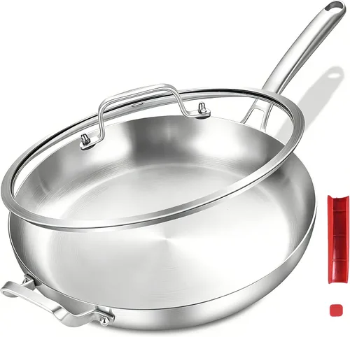 Inqibee Sartén grande de acero inoxidable de tres capas de 14 pulgadas con tapa, sartén grande con mango auxiliar, cocina jumbo, bandeja de