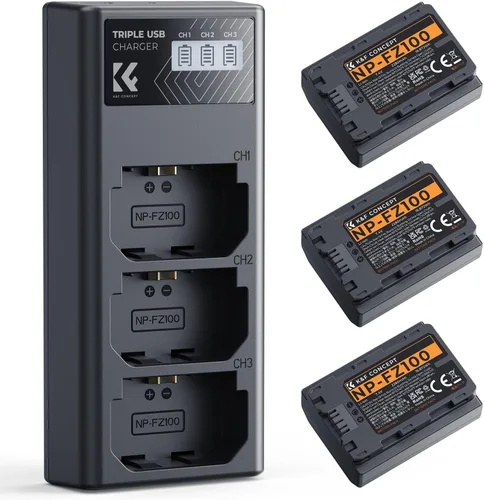 K&F Concept Paquete de 3 baterías NP-FZ100 y cargador de batería LCD actualizado compatible con Sony A7iii, A7iv, A7C, FX3, FX30, A9, A6600, A6700,
