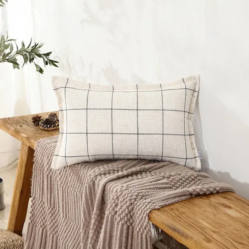 Miniatura 13 de Juego de 2 fundas de almohada de lino a cuadros blancos y negros de estilo bohemio, 16 x 16 pulgadas, color negro