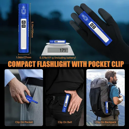 Miniatura 5 de Banral Linternas tácticas recargables de alto lúmenes - Súper brillante pequeña y potente linterna LED magnética USB C, 8 modos, botón doble Azul