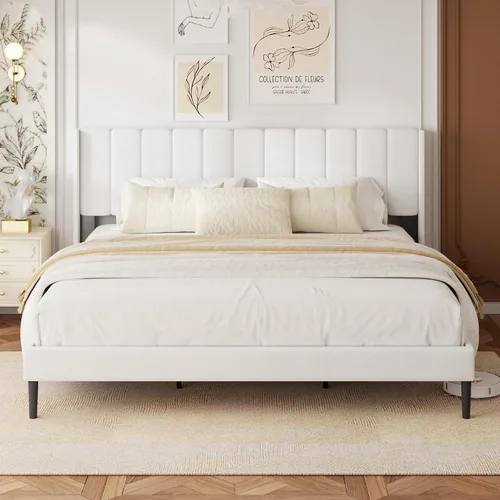 Miniatura 12 de Base de cama tamaño Queen con cabecero vertical Chanel acolchado y respaldo de alas, cama de plataforma tapizada, listones de madera fuertes, fácil