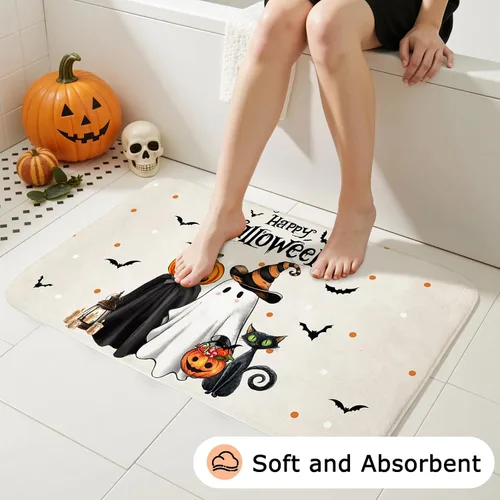 Miniatura 5 de Mocsicka Juego de cortinas de ducha de Halloween para baño, 4 piezas, fantasma, gato, calabaza, juegos de baño con alfombras antideslizantes