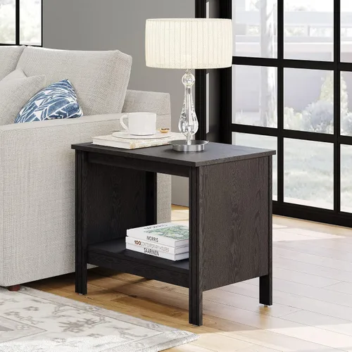 Miniatura 5 de WAMPAT Mesa auxiliar pequeña cuadrada para sala de estar, mesita de noche de madera de 2 niveles con estante de almacenamiento para dormitorio, Negro