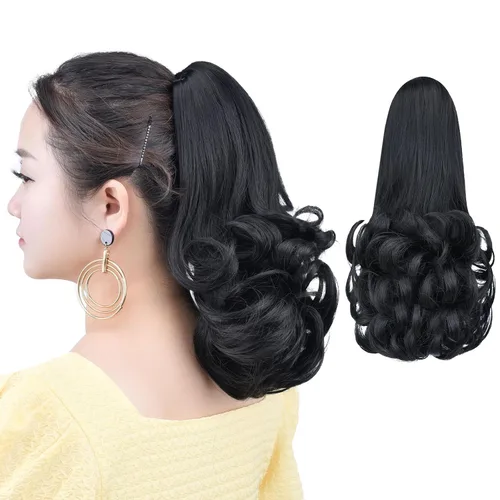 Miniatura 35 de Extensión de cola de caballo negra con clip de garra, ondulada, 10 pulgadas, 3.5 onzas, sintético, como verdaderos, postizos, para mujer, Yaki