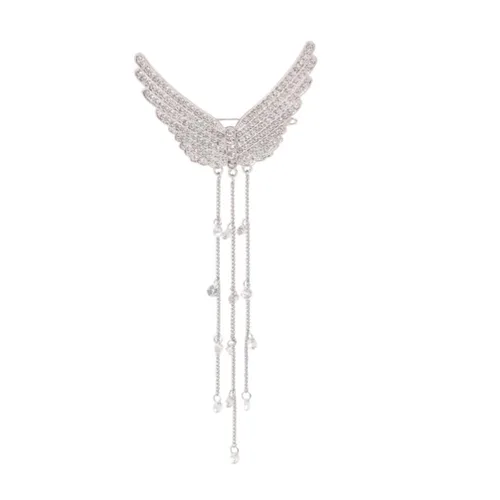 Lurrose Pinza para el cabello con borlas con tachuelas de diamantes de imitación, alfiler de ala de ángel plateado, 5.70 pulgadas, accesorio