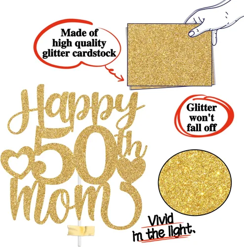 Miniatura 6 de Decoración para tartas con texto en inglés "Happy 50th Mom", feliz 50 cumpleaños para madre, saludos a 50 años, cumpleaños, aniversario, suministros