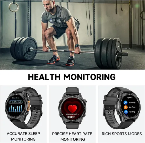 Miniatura 5 de Reloj inteligente para hombre, brújula, cuerpo de acero inoxidable, resistente al agua hasta 98.4 ft, batería extragrande de 400 mAh, reloj Negro