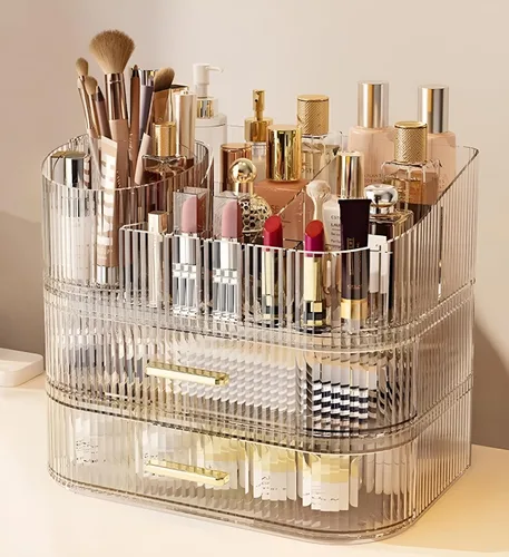 Miniatura 10 de Organizador de maquillaje SpaceLuxe con cajones y soporte giratorio de 360°, almacenamiento cosmético de gran capacidad para tocador, cuidado